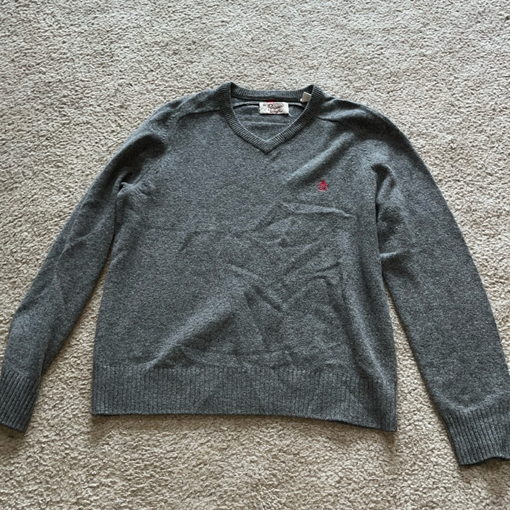 Original Penguin Dark Charcoal Grey 100% Wool V Neck Sweater Size Large